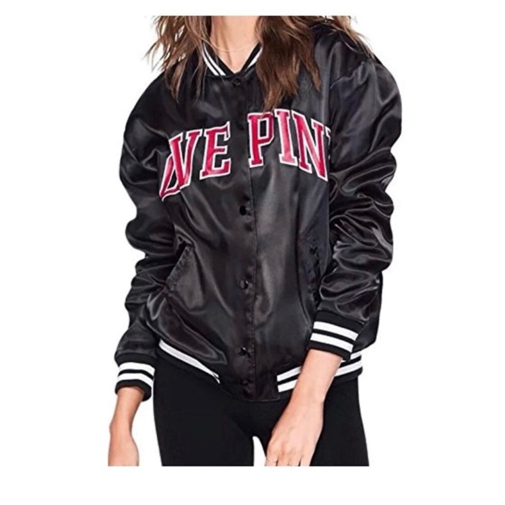 Victoria’s Secret Pink Satin Bomber Snap Buttons Jacket Black Logo. Sz XS . NWT